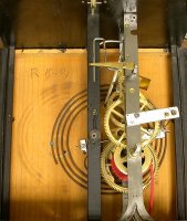 front view of Morbier Clock mechanism with back plate for time train removed